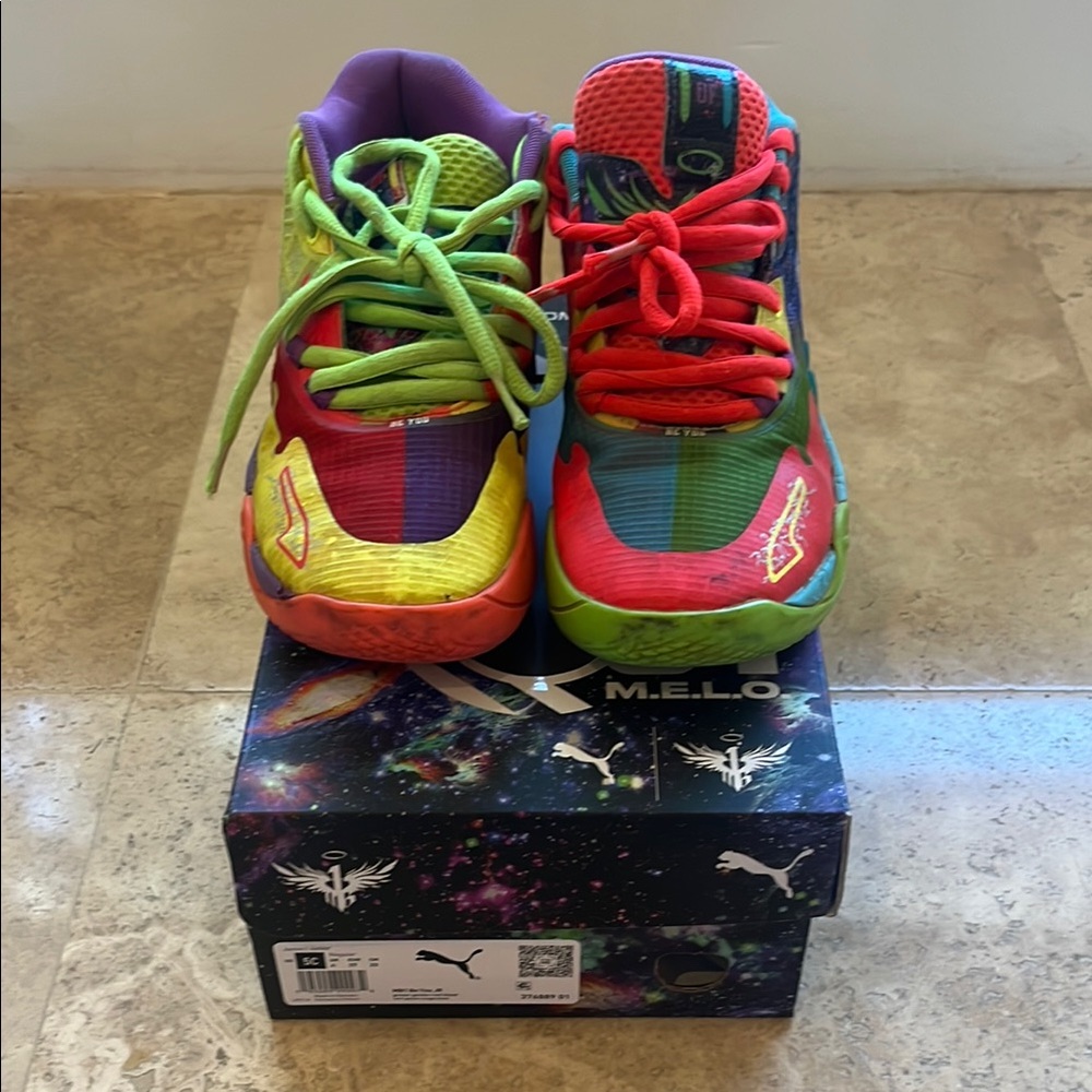 Melo Puma Red and Green Sneakers Bold Asymmetrical Design
